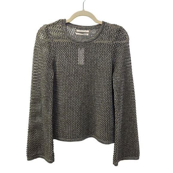 NWT Anthropologie Metallic Open Knit Crewneck Bell Sleeve Sweater Size Medium - Picture 1 of 7